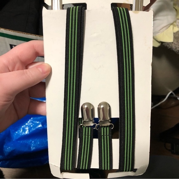 Hot Topic NEW neon Green mens suspenders st Patrick’s day 4 leaf clover - Picture 5 of 6